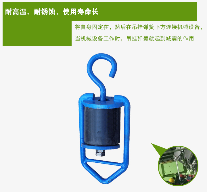 吊挂弹簧将自身固定在，然后在吊挂弹簧下方连接机械设备， 当机械设备工作时，吊挂弹簧就起到减震的作用
